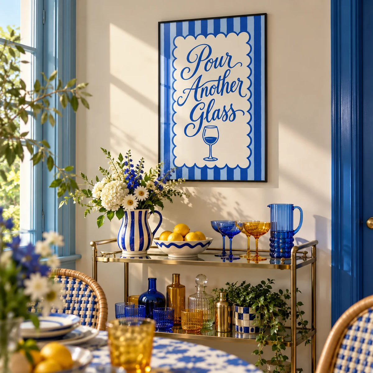 Pour Another Glass Print, framed on the wall of a colourful dining corner