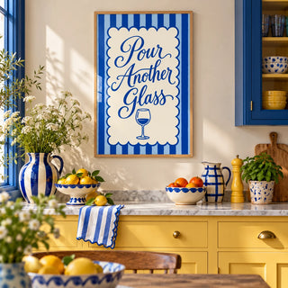 Pour Another Glass Print, framed on the wall of a colourful dopamine kitchen