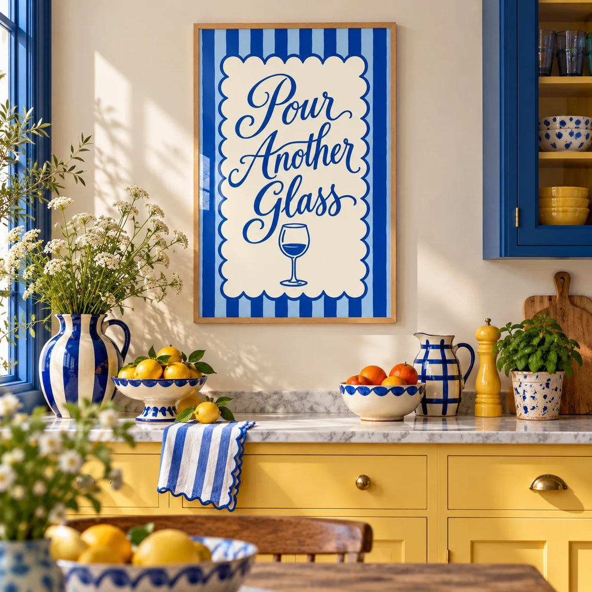 Pour Another Glass Print, framed on the wall of a colourful dopamine kitchen