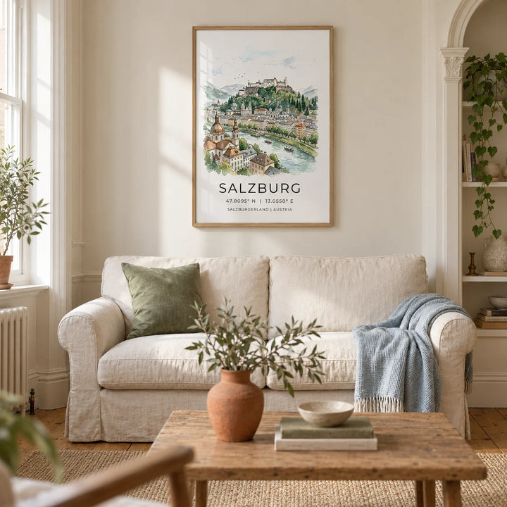 Prague City Wall Art, framed on the wall of a calm living room in a UK Victorian terrace with warm white plaster walls