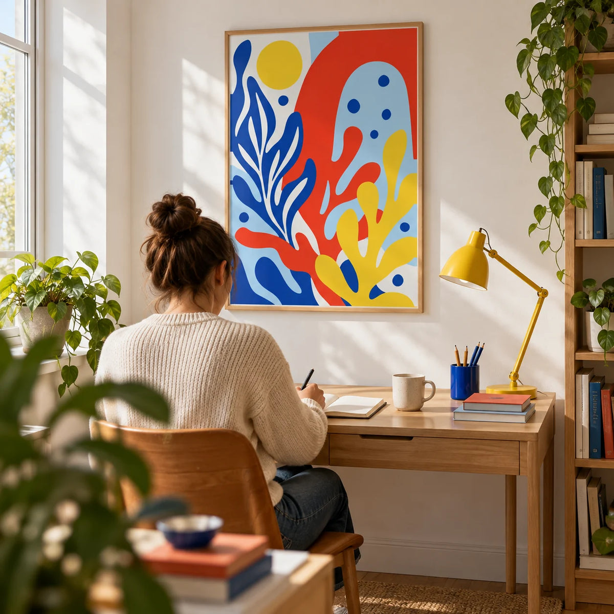 Primary Colours Print, framed on the wall of a bright home study in a first flat for a design enthusiast (25-35)
