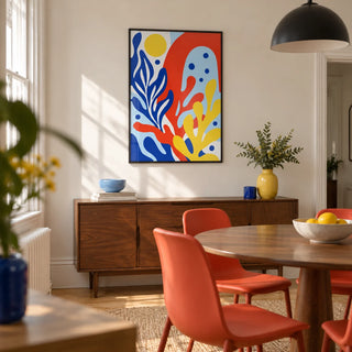 Primary Colours Print, framed on the wall of a compact modern dining room in a Victorian terrace with an off-white wall and pale timber floor