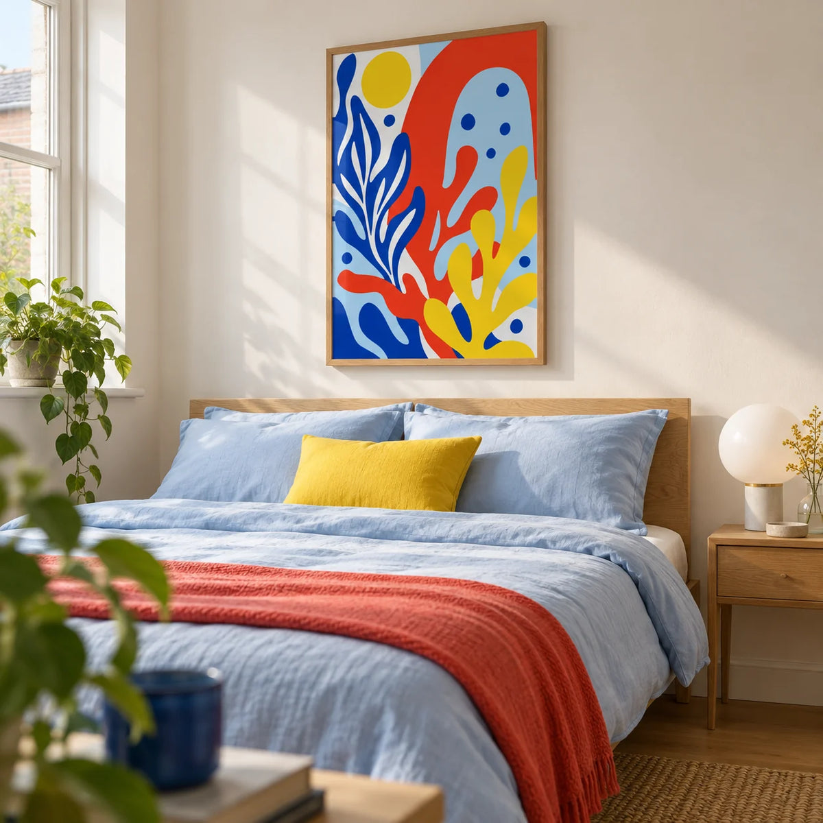 Primary Colours Print, framed on the wall of a modern double bedroom in a colour-loving couple's UK flat with a warm white wall