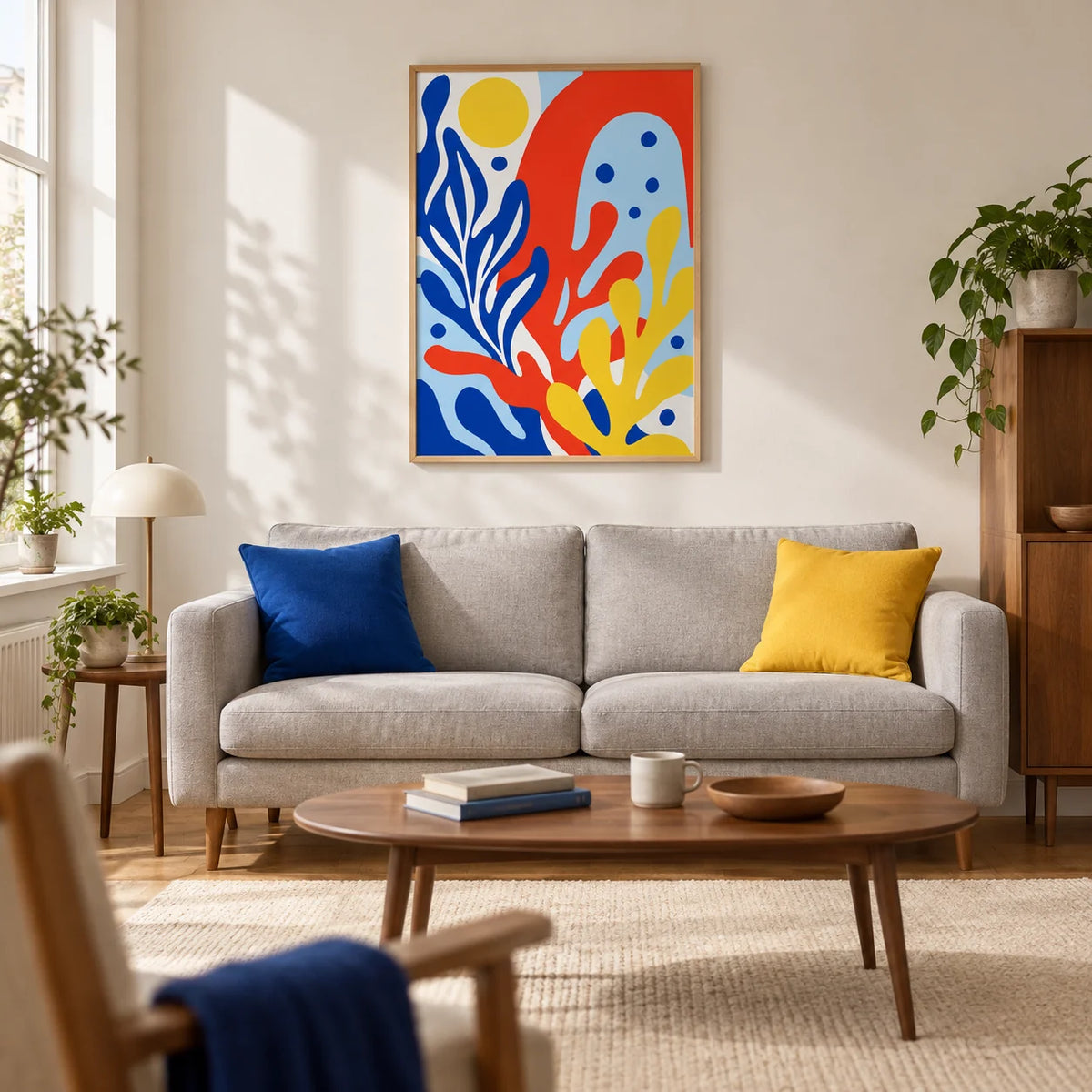 Primary Colours Print, framed on the wall of a modern living room in a UK city flat with a warm white wall