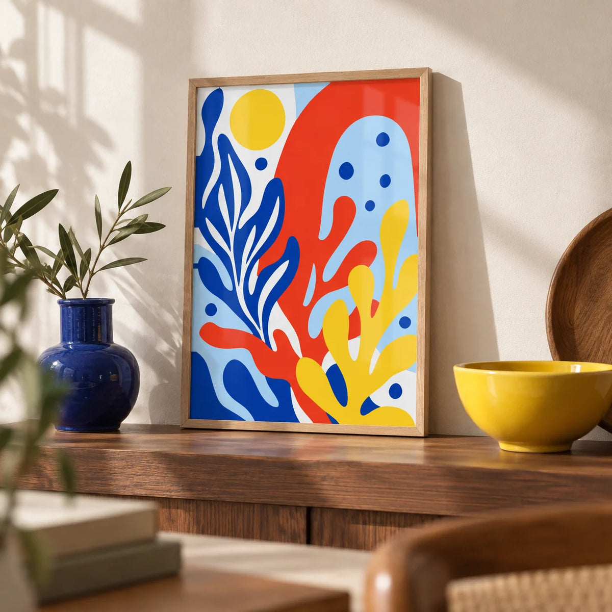 Primary Colours Print, a small A4 framed print leaning on a walnut shelf in a living room