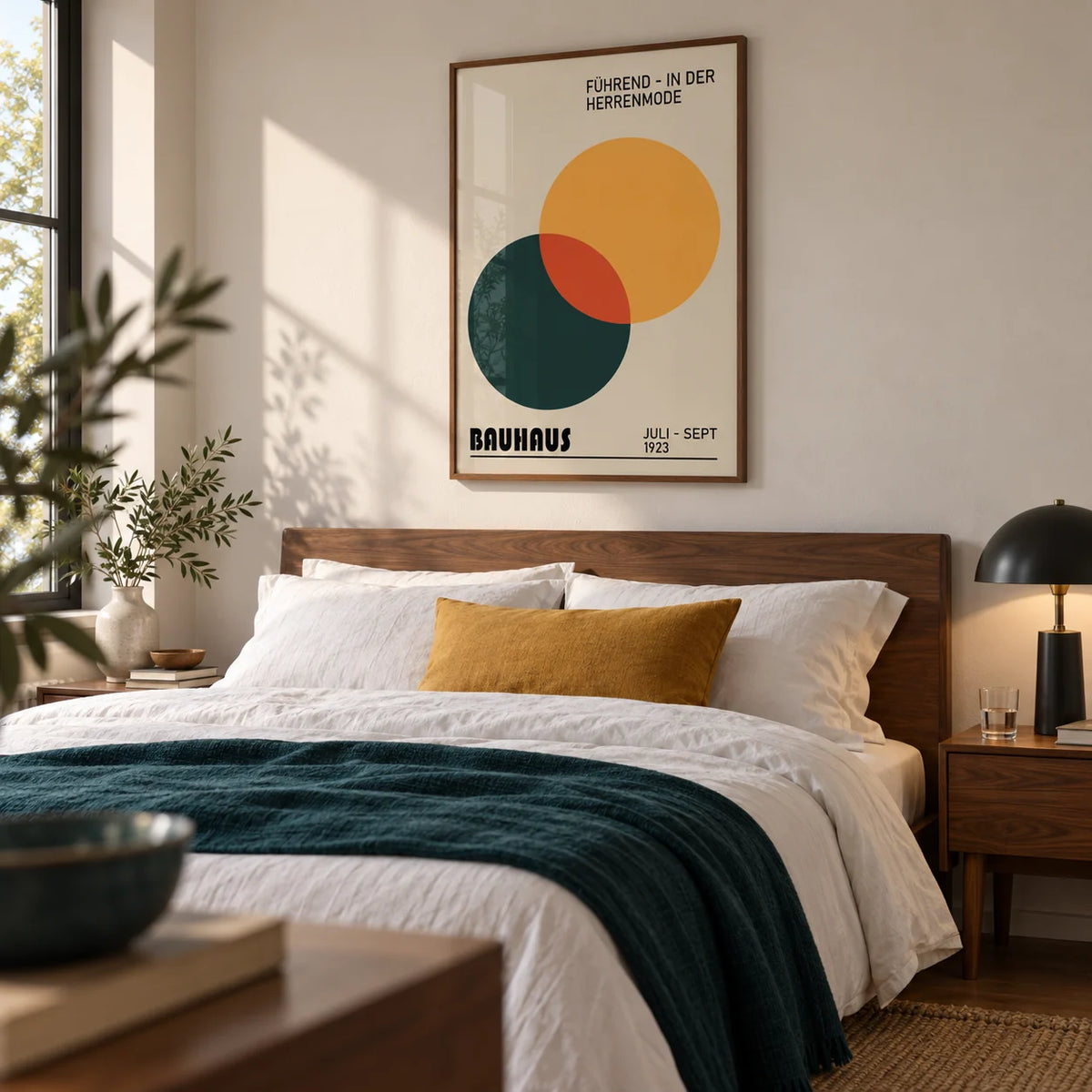 Print Geometric, framed on the wall of a crisp modern bedroom