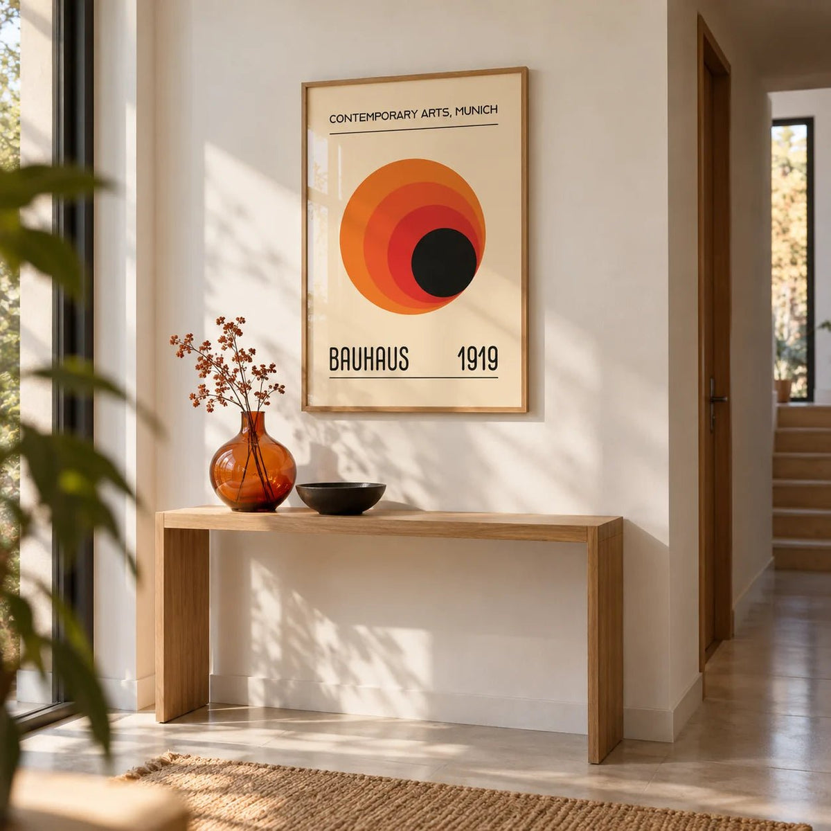 Prints Bauhaus, framed on the wall of a modern hallway