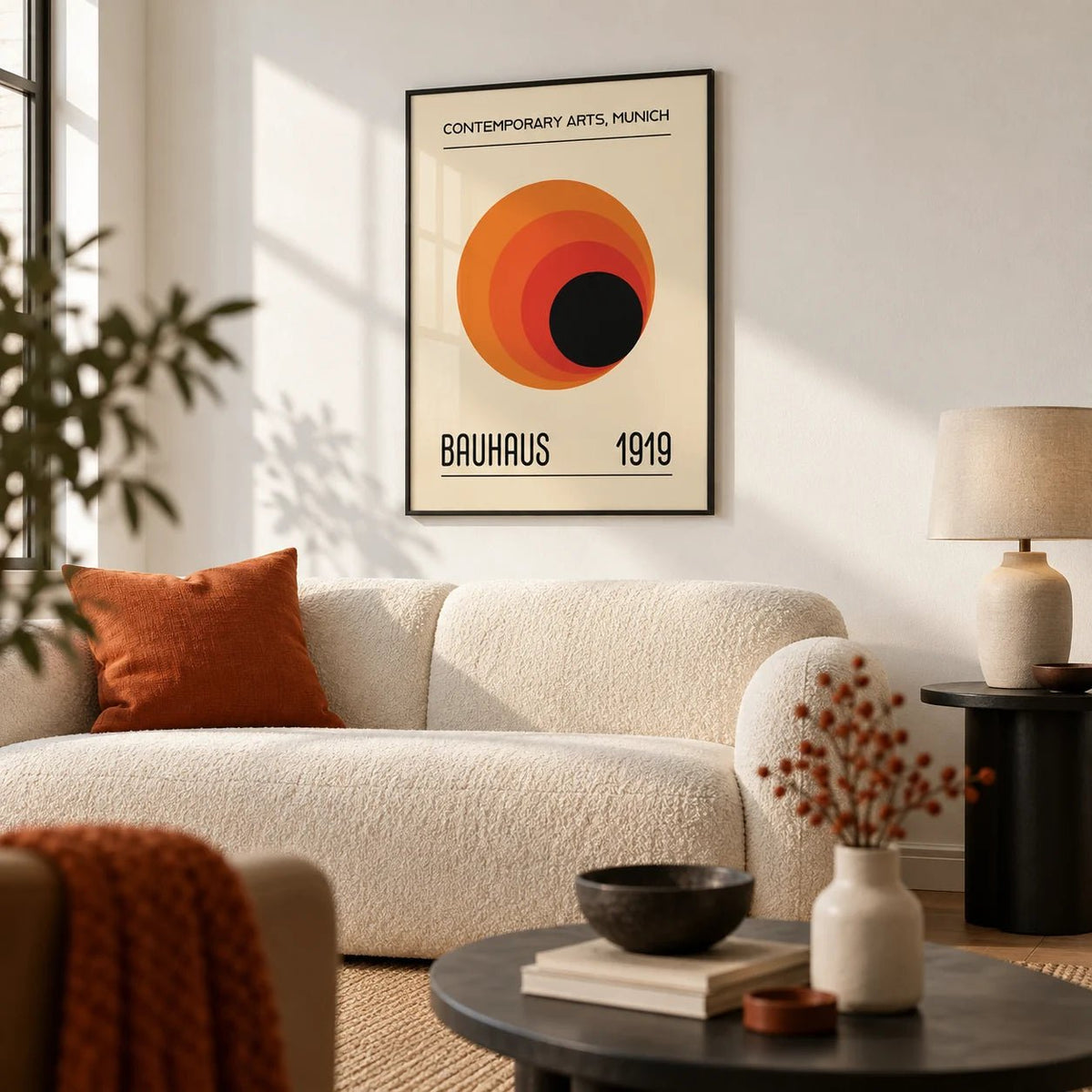 Prints Bauhaus, framed on the wall of a modern living room
