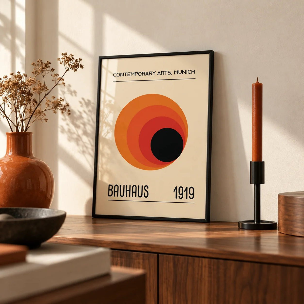 Prints Bauhaus, a small A4 framed print leaning on a walnut sideboard in a living room