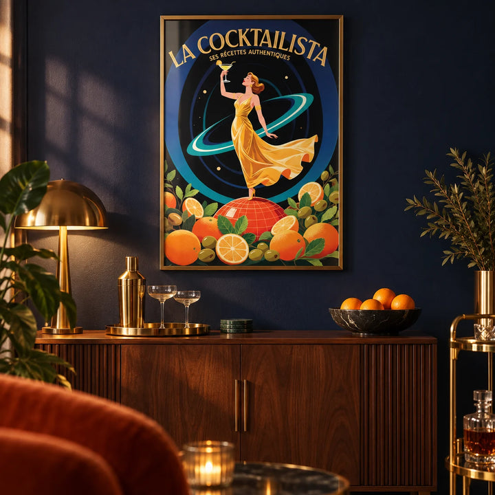 Prints for Bar, framed on the wall of a glamorous art deco home bar with a plain navy painted wall in a living room