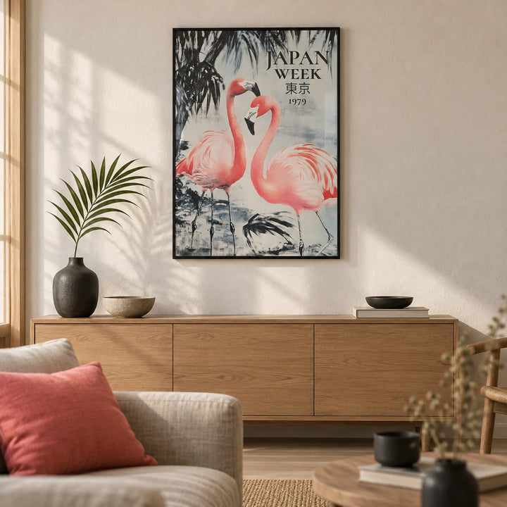 Prints of Flamingos, framed on the wall of a calm Japandi living room with a warm white plaster wall