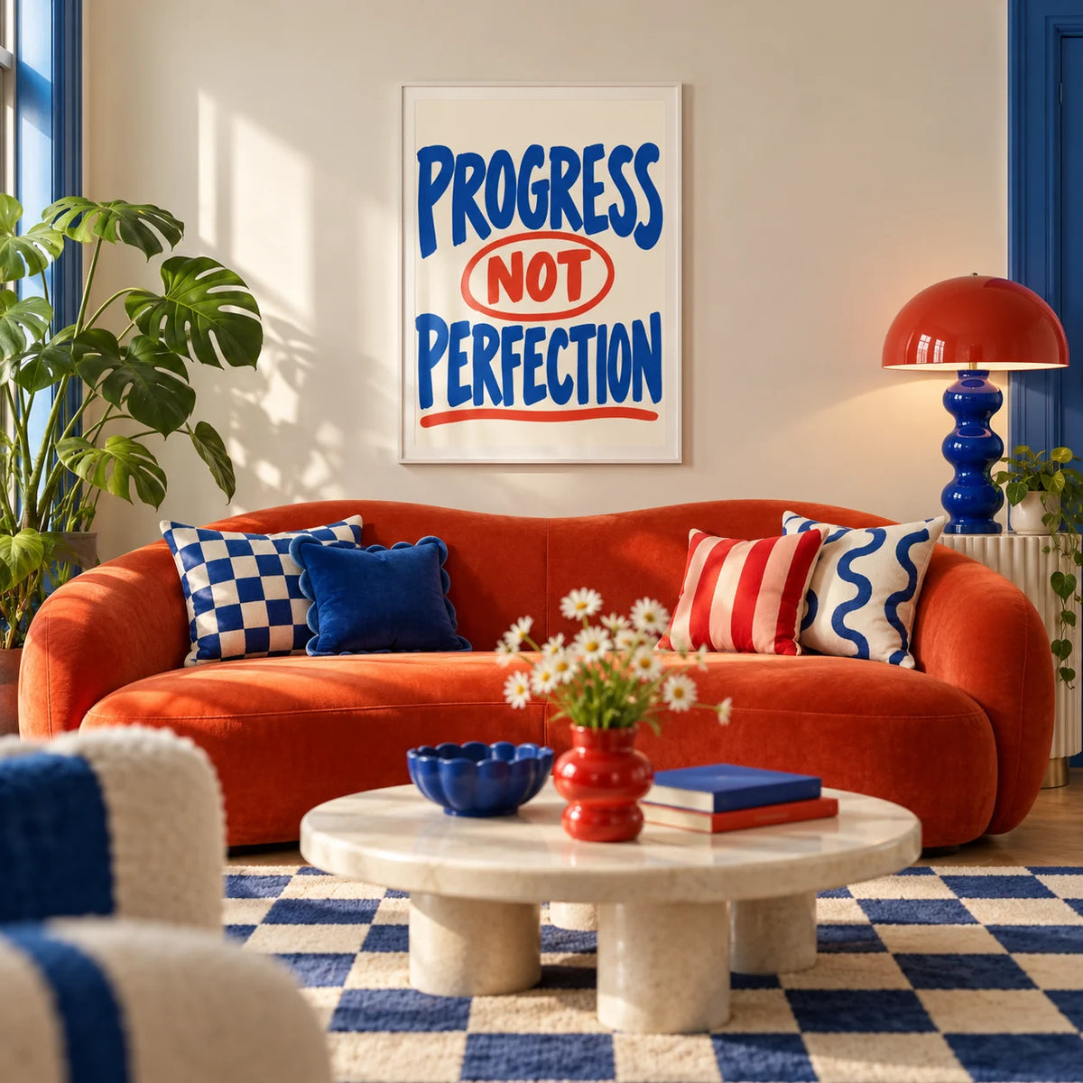 Progress Not Perfection Print, framed on the wall of a colourful dopamine living room