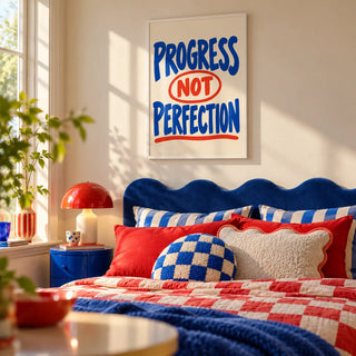 Progress Not Perfection Print, framed on the wall of a playful dopamine bedroom