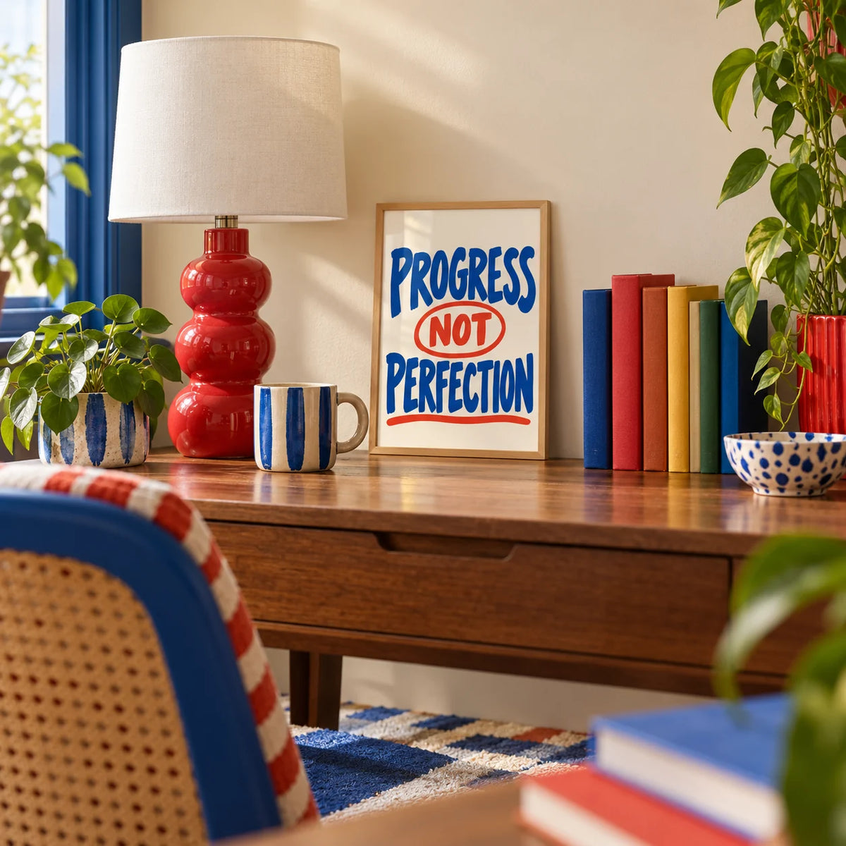 Progress Not Perfection Print, a small A4 framed print leaning on a desk