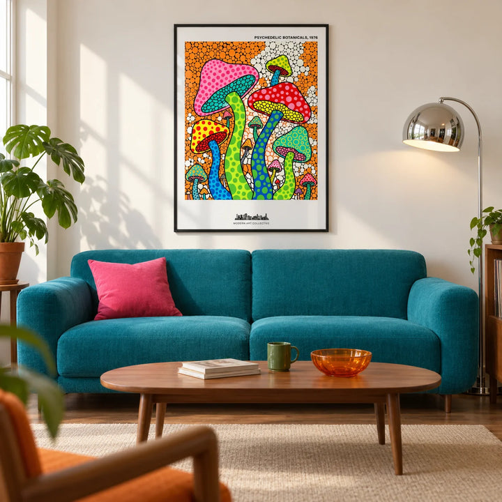 Psychedelic Mushroom Art, framed on the wall of a modern retro living room in a UK first flat (22-28) with warm white walls and a walnut floor