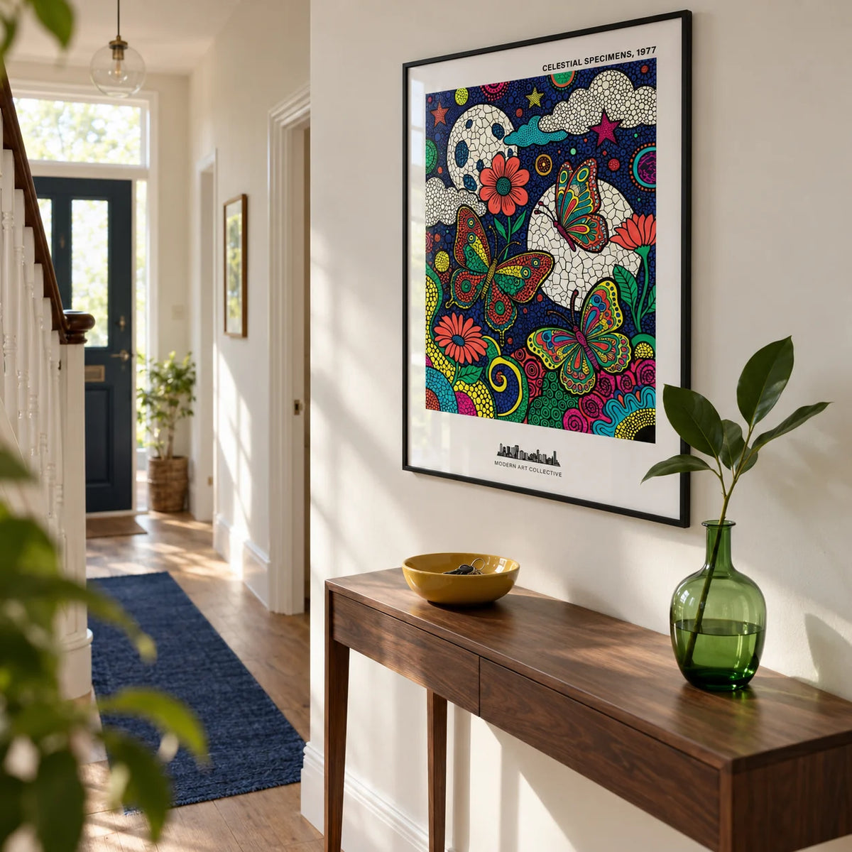 Psychedelic Nature Poster, framed on the wall of a bright modern hallway in a UK terraced home with an off-white wall and plain oak floor