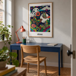 Psychedelic Nature Poster, framed on the wall of a compact creative home study in a UK flat with a pale grey wall and cork floor