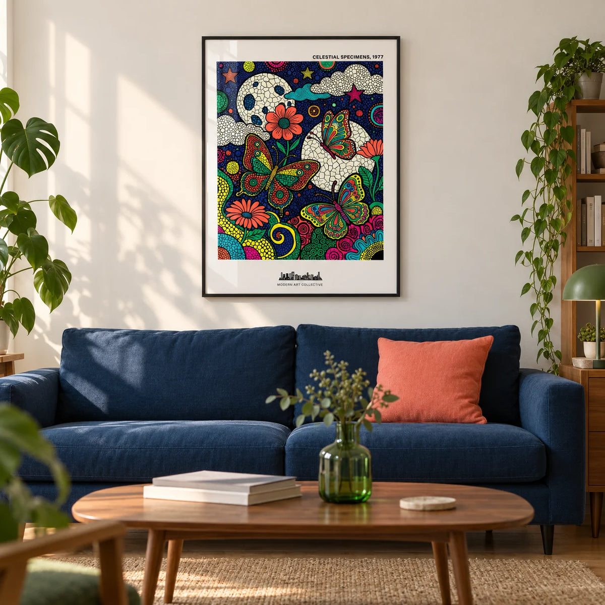 Psychedelic Nature Poster, framed on the wall of a modern living room in a young creative couple's UK flat with a warm white wall and oak floor