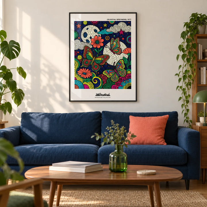 Psychedelic Nature Poster, framed on the wall of a modern living room in a young creative couple's UK flat with a warm white wall and oak floor