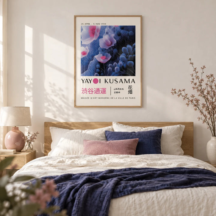 Purple Abstract Wall Art, framed on the wall of a calm modern bedroom with a soft white wall