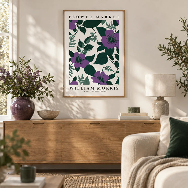 Purple Flower Artwork, framed on the wall of a calm living room with a warm white wall