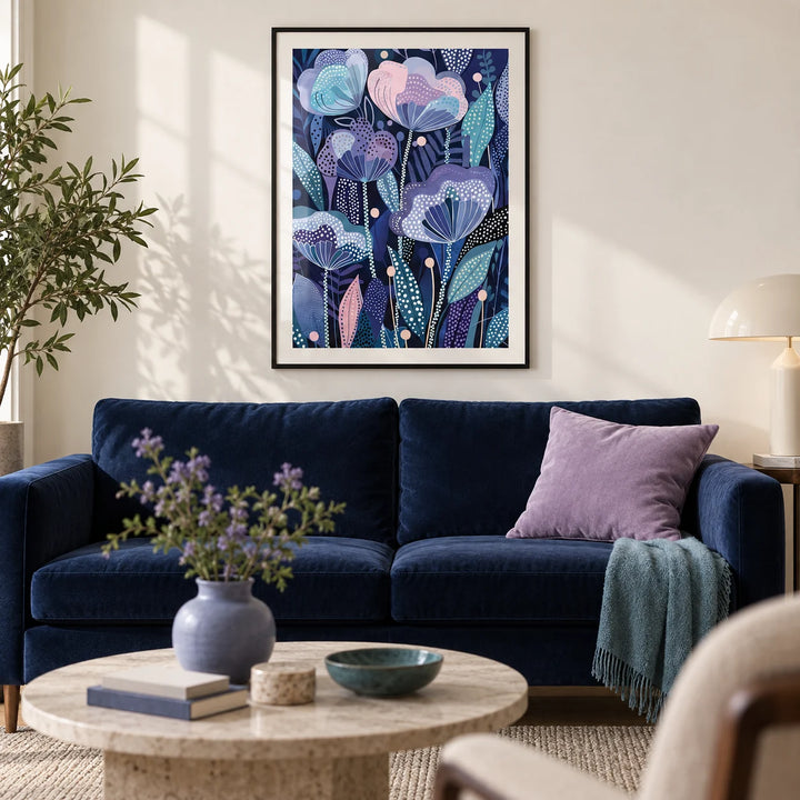Purple Flower Poster, framed on the wall of a calm modern living room with a warm white wall