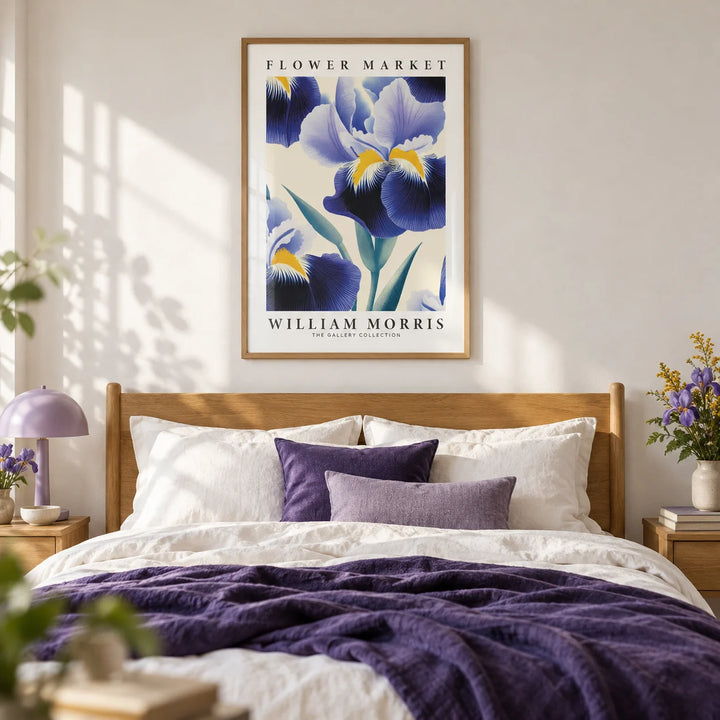 Purple Flower Wall Art, framed on the wall of a calm bedroom with a soft white wall