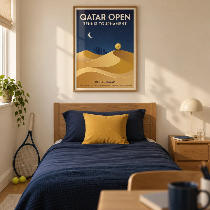 Qatar Open Tennis Print, framed on the wall of a modern tennis-loving teenager’s single bedroom (16-17) in a UK family home with a warm cream wall and oak floor