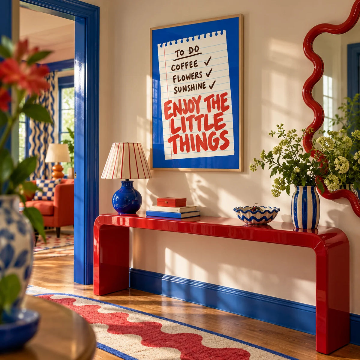 Quote Wall Art, framed on the wall of a fun colourful hallway