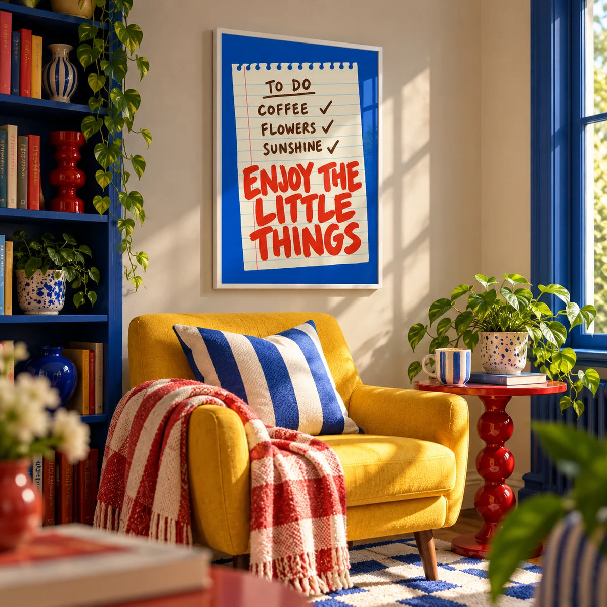 Quote Wall Art, framed on the wall of a maximalist reading corner in a living room