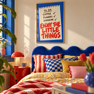 Quote Wall Art, framed on the wall of a playful dopamine bedroom
