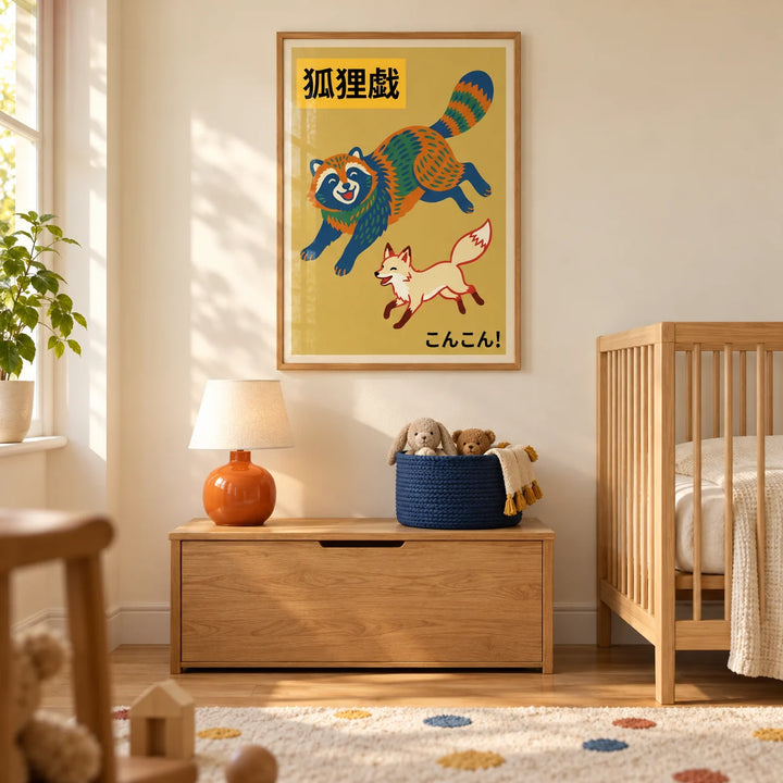 Raccoon Wildlife Art Print, framed on the wall of a cheerful modern nursery in a UK family home with warm cream walls and an oak floor