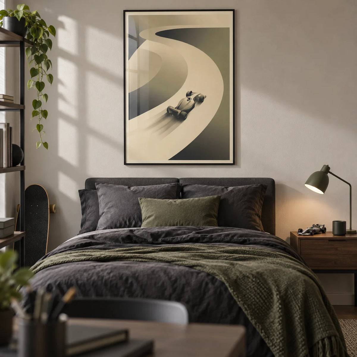 Racing Car Art Print, framed on the wall of a teenage boy's bedroom (13-17)