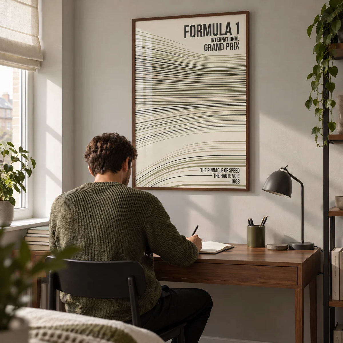 Racing Track Lines Poster, framed on the wall of a compact design-led home study in a young adult's UK flat (25-35) with a pale grey wall