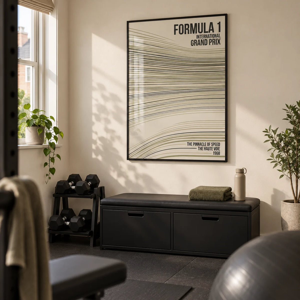 Racing Track Lines Poster, framed on the wall of a compact home gym in a converted UK spare room with a warm cream wall and plain charcoal rubber floor