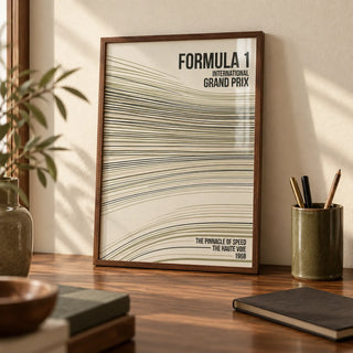 Racing Track Lines Poster, a small A4 framed print leaning on a walnut desk