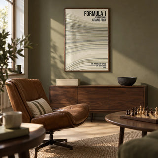Racing Track Lines Poster, framed on the wall of a small adult games snug in a British semi-detached house with a muted olive wall and pale wood floor in a living room