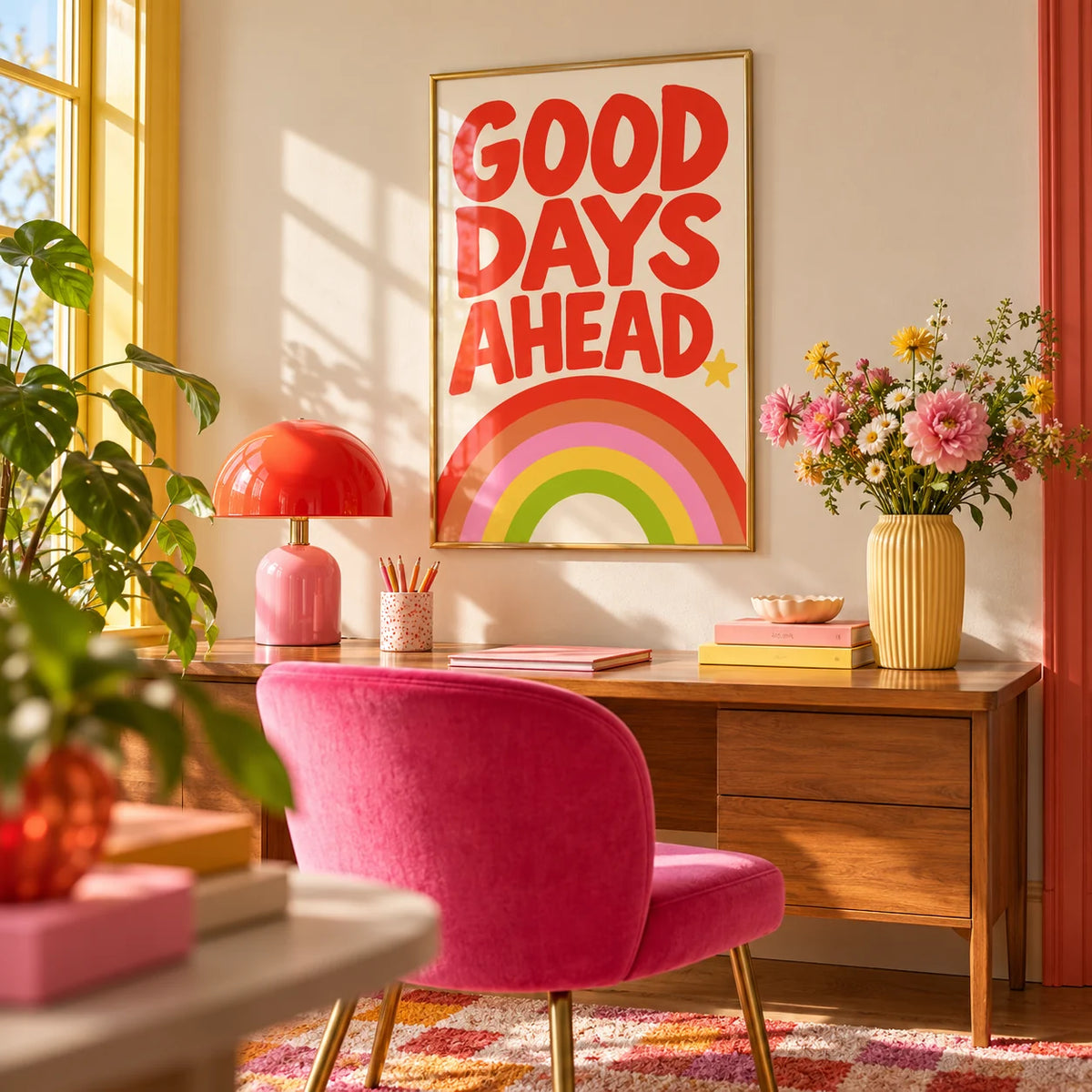Rainbow Print, framed on the wall of a bright in a home office