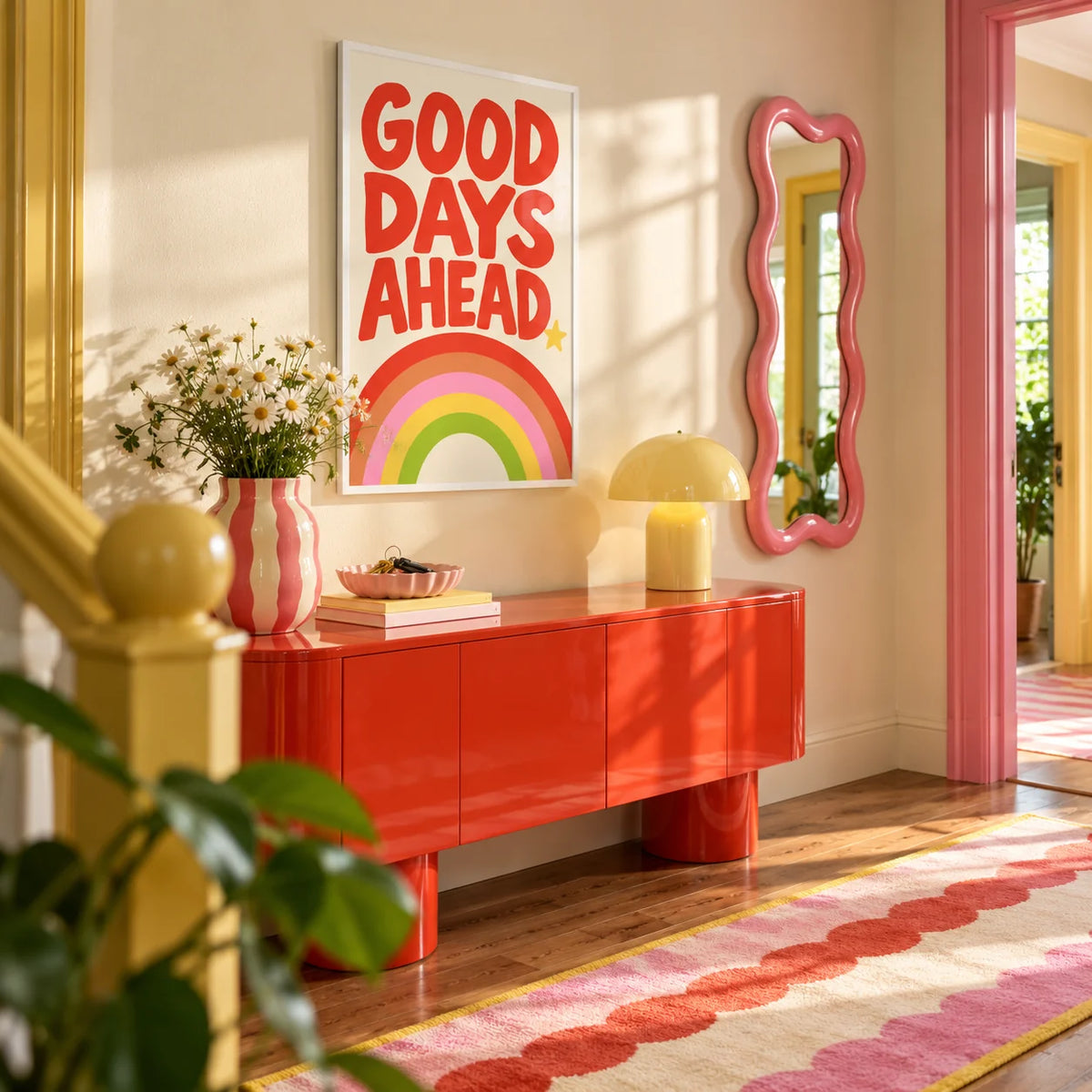 Rainbow Print, framed on the wall of a fun colourful hallway