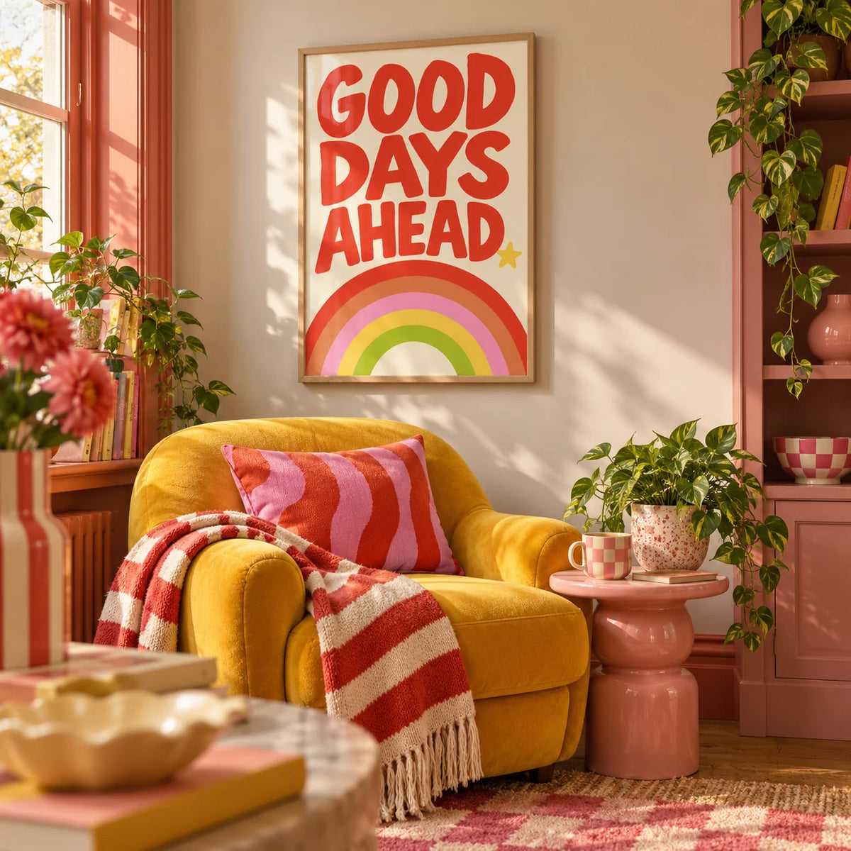 Rainbow Print, framed on the wall of a maximalist reading corner in a living room