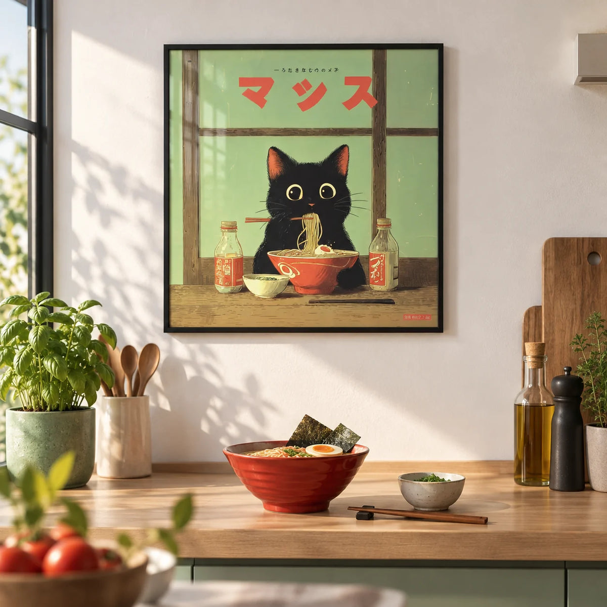 Ramen Cat Art, framed on the wall of a modern kitchen