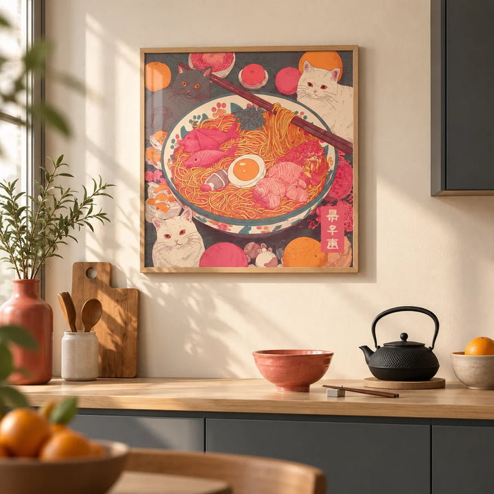Ramen Cat Print, framed on the wall of a Japanese-modern kitchen with solid slate grey cabinets and a warm cream wall