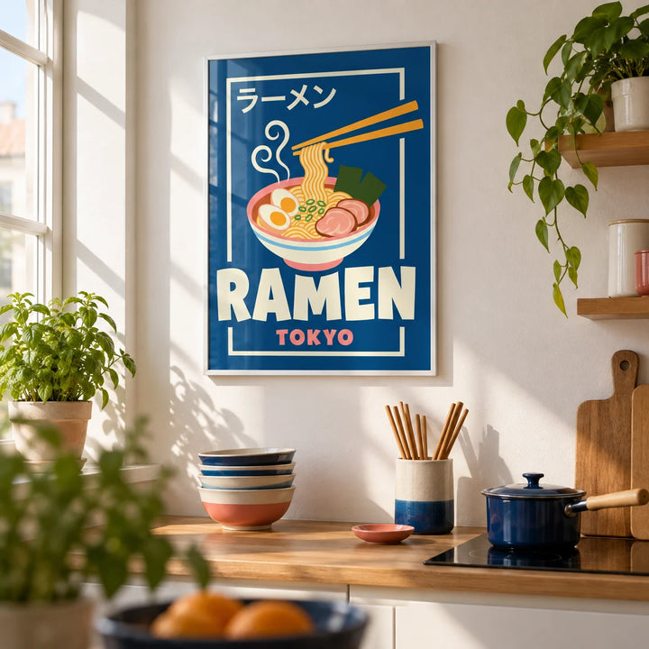 Ramen Poster, framed on the wall of a first-flat kitchen