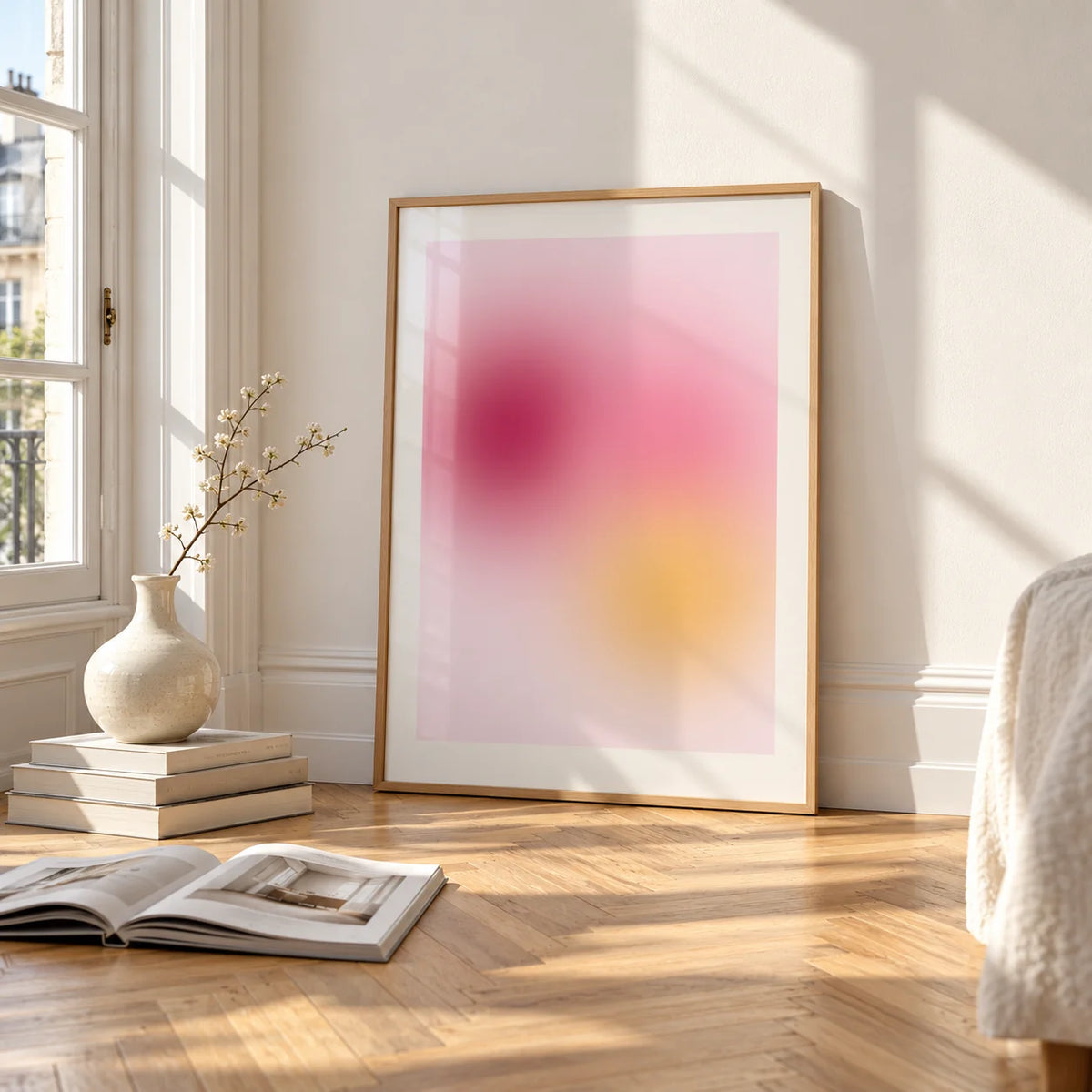 Raspberry Print, framed and leaning on the parquet floor of a bright living room
