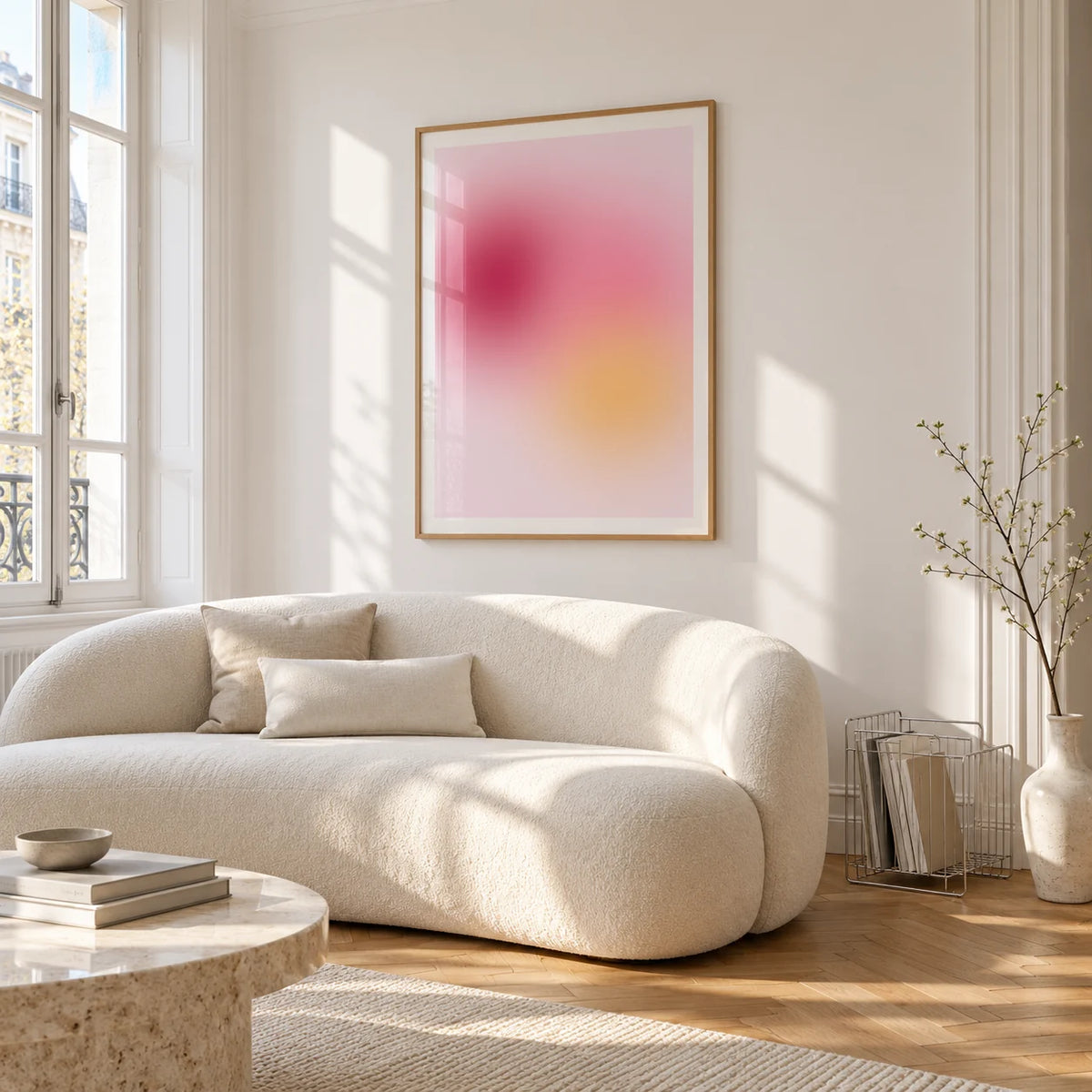 Raspberry Print, framed on the wall of a bright living room corner