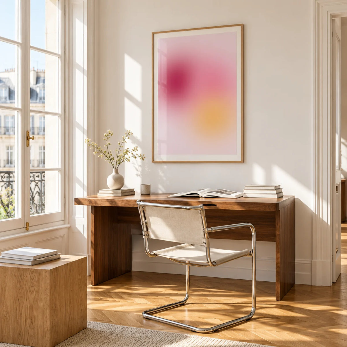 Raspberry Print, framed on the wall of a bright study corner with a tall white paned window