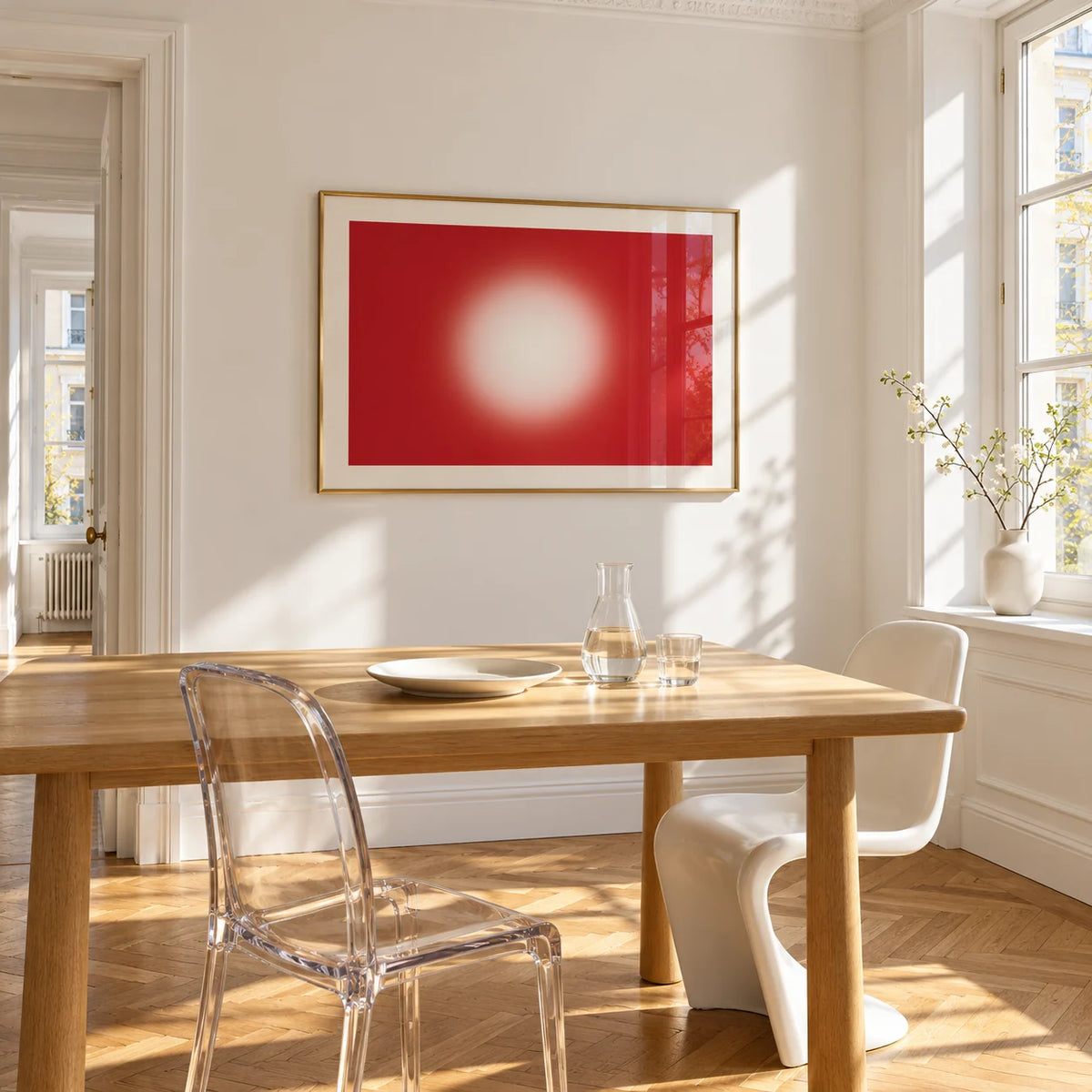 Red Abstract Wall Art, framed on the wall of a bright dining corner