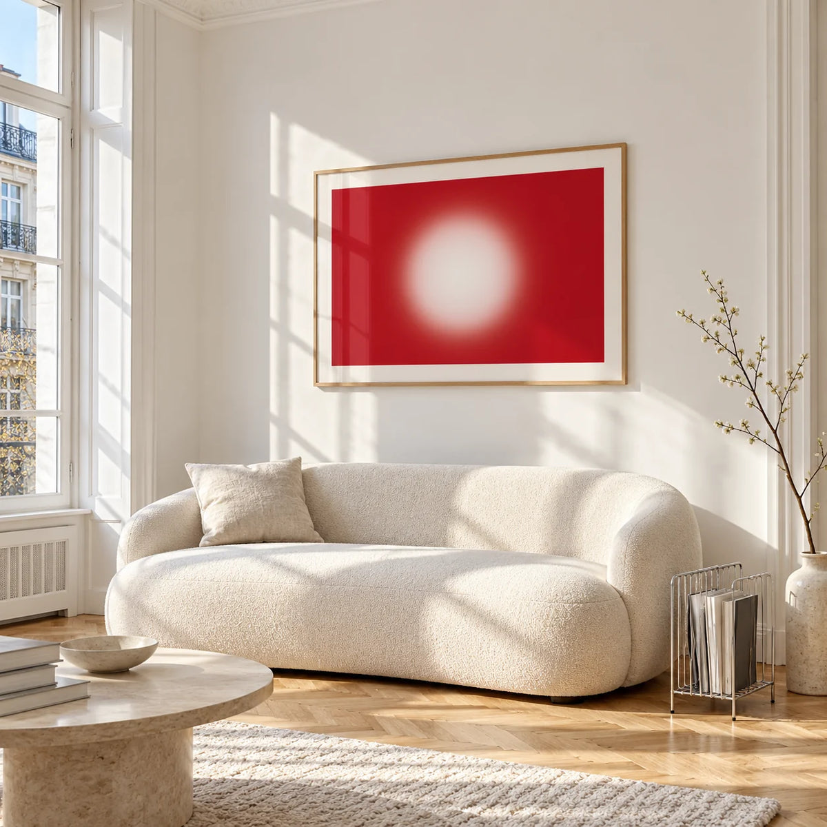 Red Abstract Wall Art, framed on the wall of a bright living room corner
