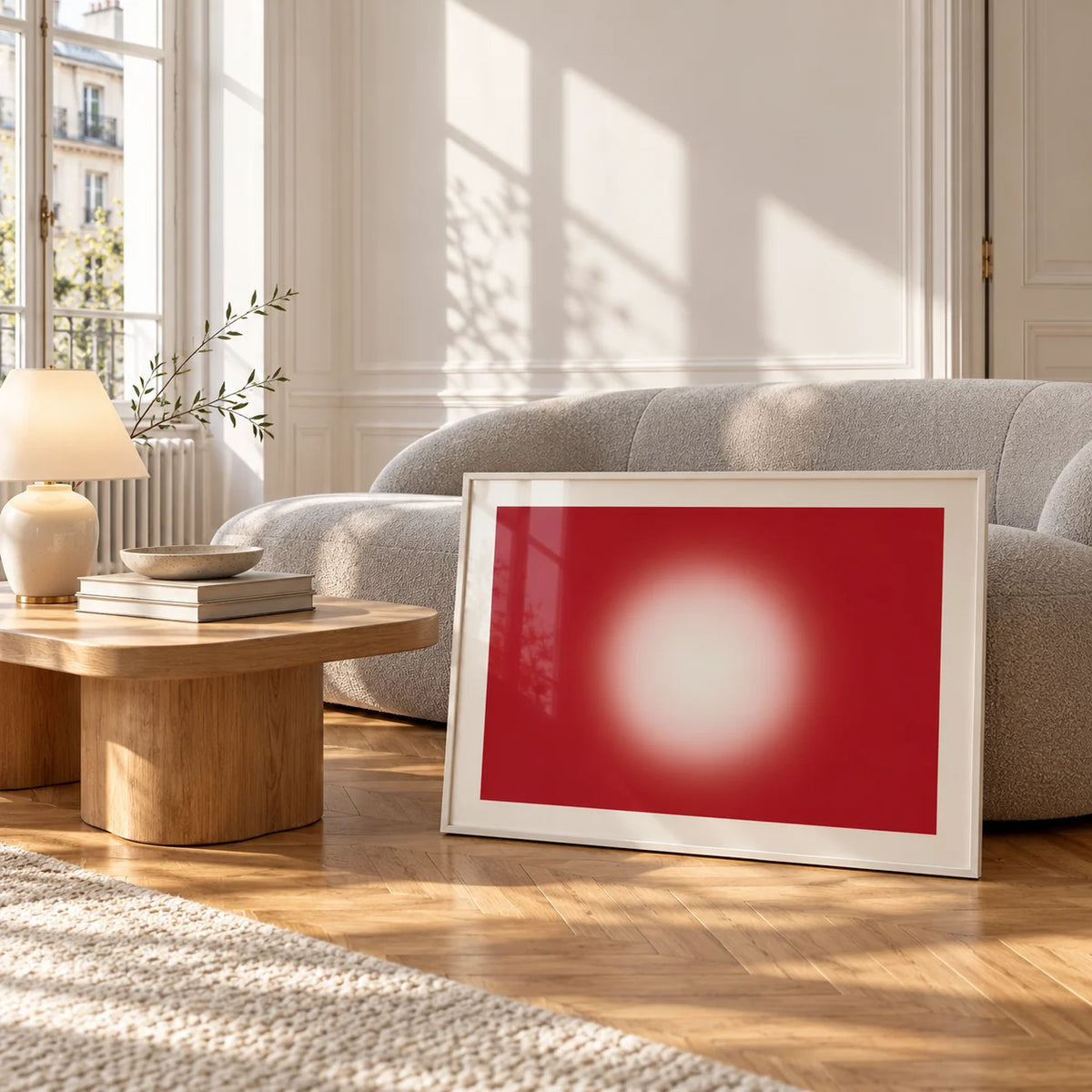 Red Abstract Wall Art, framed and leaning against a coffee table in a bright living room