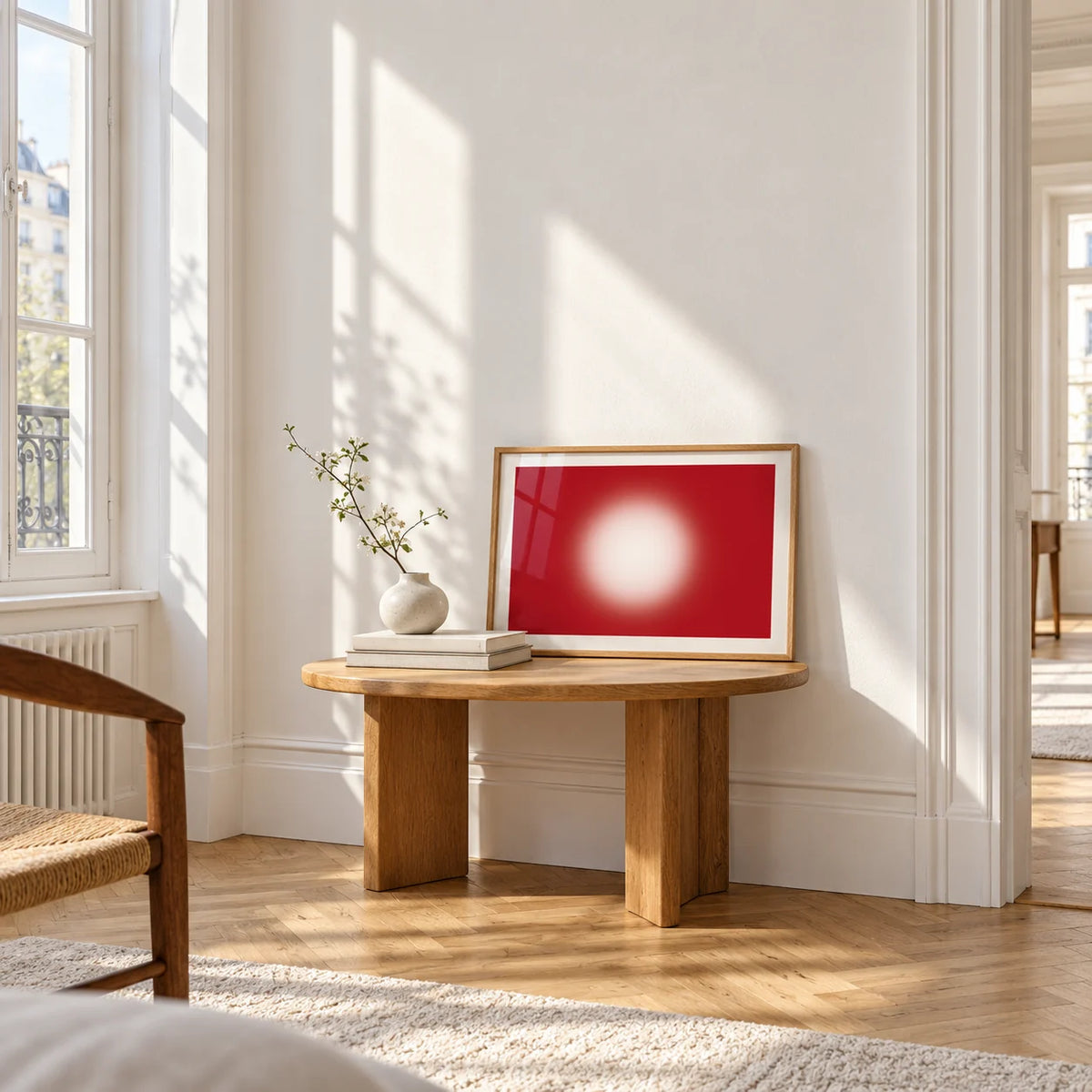 Red Abstract Wall Art, a small A4 framed print leaning on a small solid oak side table